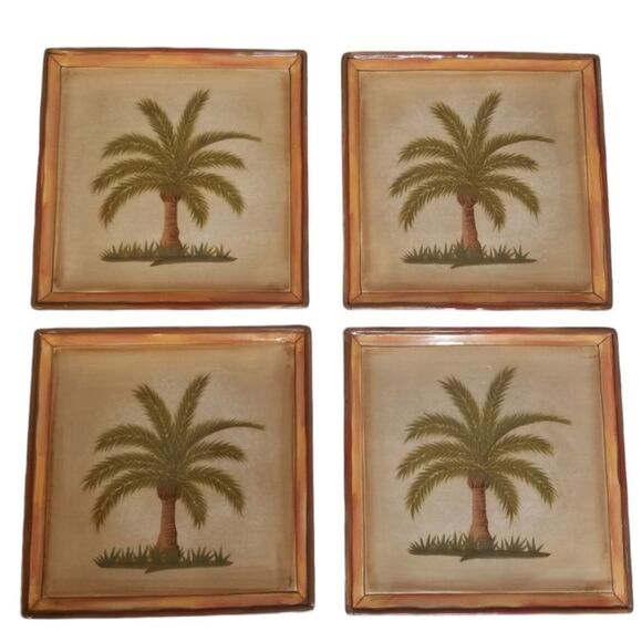 Clay Art Vintage Palm Tree Square Salad Plates Set of 4 - Picture 2 of 8